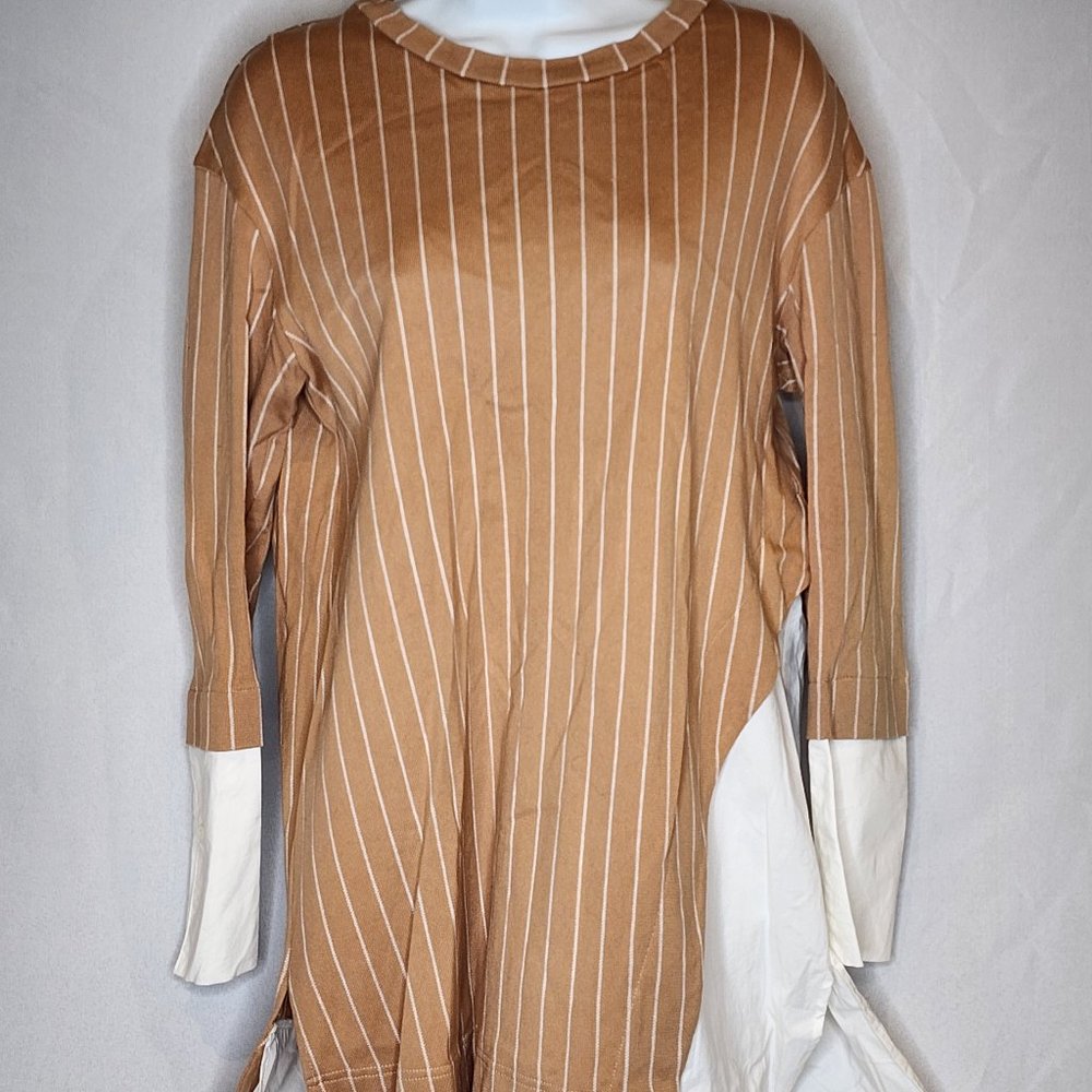 M. tsubomi Shirt dress Tan and White Striped with White underneath Size 38